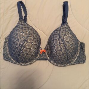 Victoria's Secret Blue Lace T-Shirt Bra with Orange Accent Bow